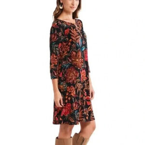 MSK Autumn Floral Three Ring Shift Dress 3/4 Sleeve Mini Casual Women’s Small